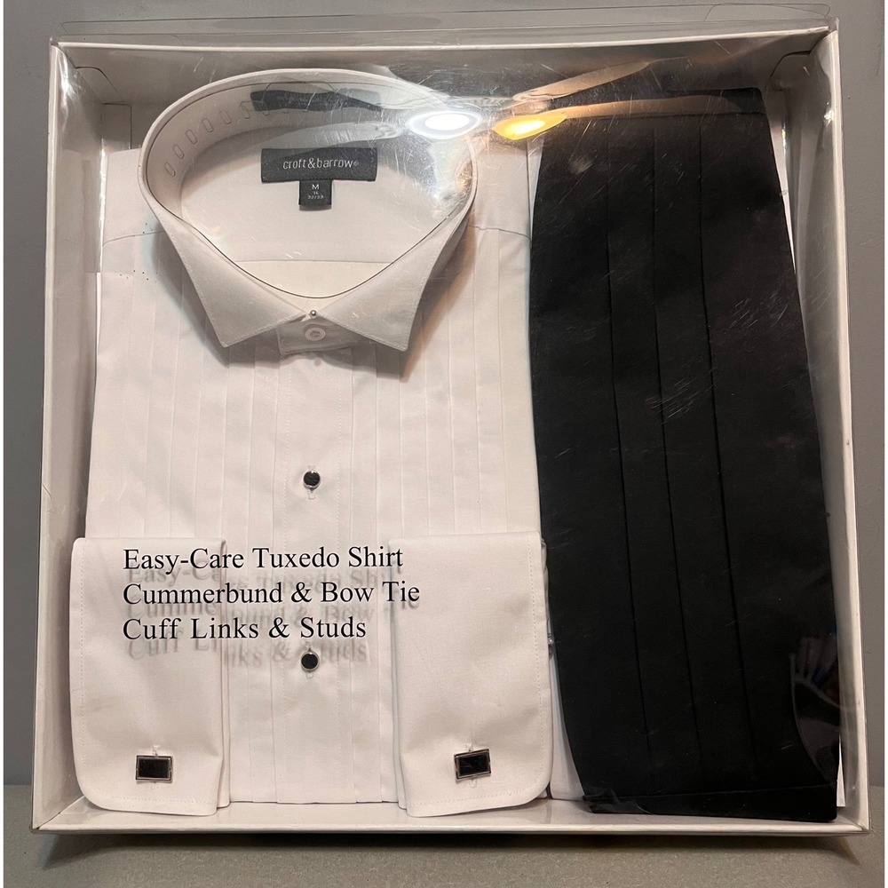 Croft & Barrow Mens Tuxedo Shirt Set White Pleated Wing Collar 16 32/33 New